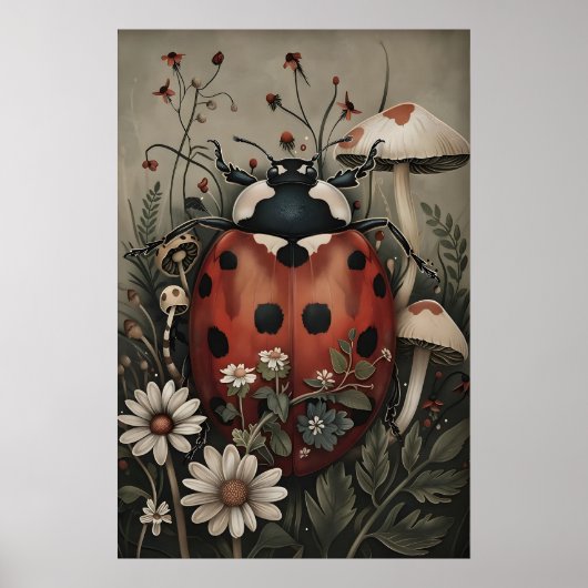 Marienkäfer im dunklen Blumen- und Pilzgarten-Druc Poster (Vorne)