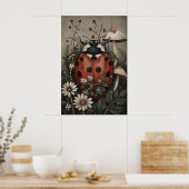Marienkäfer im dunklen Blumen- und Pilzgarten-Druc Poster (Küche)