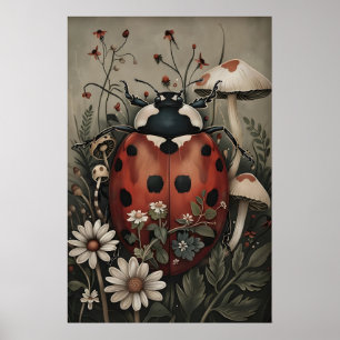 Marienkäfer im dunklen Blumen- und Pilzgarten-Druc Poster