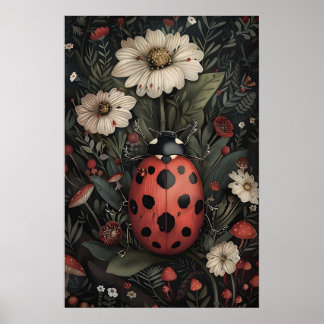 Marienkäfer im dunklen Blumengarten-Druck, melanch Poster