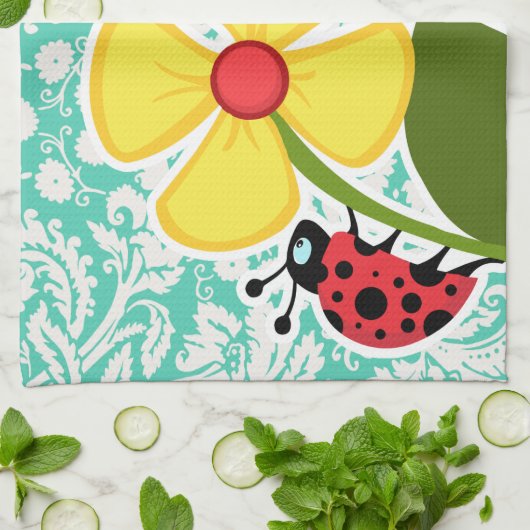 Marienkäfer; Seafoam grüner Damast Küchentuch (Gefaltet)