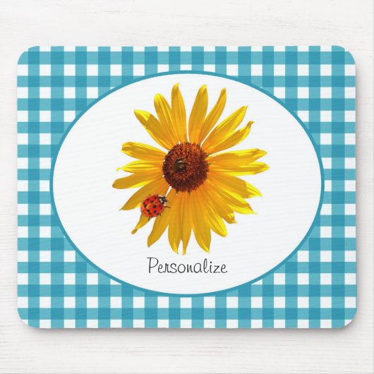 Marienkäfer-Sonnenblume-Türkis-Gingham mit Namen Mousepad (Vorne)