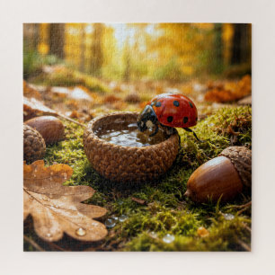 Marienkäfer trinkt Wasser aus einer Eichelkappe Puzzle