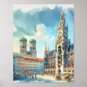 Marienplatz München Deutschland Wasserfarbe Poster