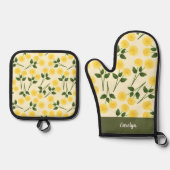 Marigold Blume Green Blätter Individuelle Name Ofenhandschuh & Topflappen-Set (Vorderseite)