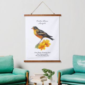 Marigold-Blume im Oktober und Bird Birth Wandteppich Mit Holzrahmen