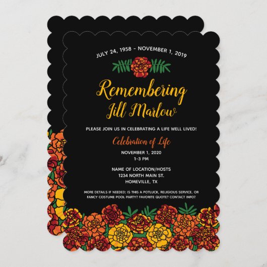 Marigold Floral Gedenkfeier Einladung (Vorne/Hinten)