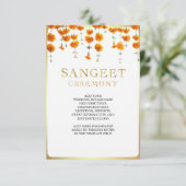 Marigold Floral South Indian Wedding Sangeet Begleitkarte (Stehend Vorderseite)