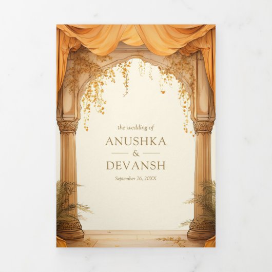 Marigold Floral Yellow South Indian Mandap Wedding Dreifach Gefaltete Einladung (Cover)