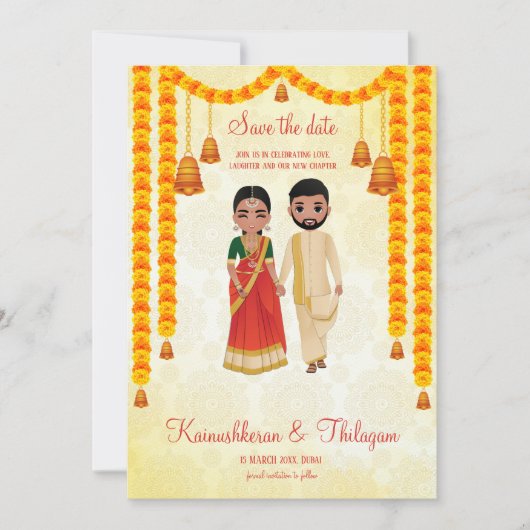 Marigold garlands bells Tamil Telugu save the date Einladung (Vorderseite)
