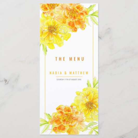 Marigold-gelb-orangefarbene Hochzeit Menükarte (Rückseite)