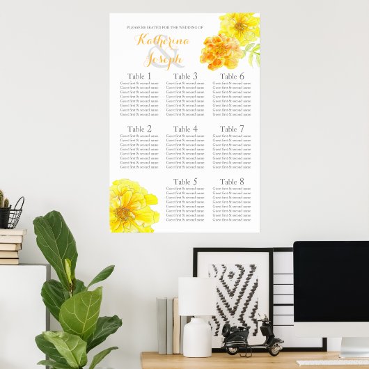 Marigold Gelbe Hochzeitstisch-Tischplaner 1-8 Poster (Heimbüro)