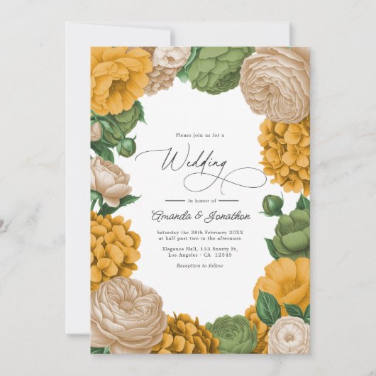 Marigold, Olive & Warm Cream Floral Wedding Einladung (Vorderseite)
