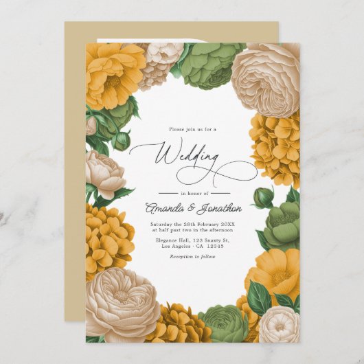 Marigold, Olive & Warm Cream Floral Wedding Einladung (Vorne/Hinten)