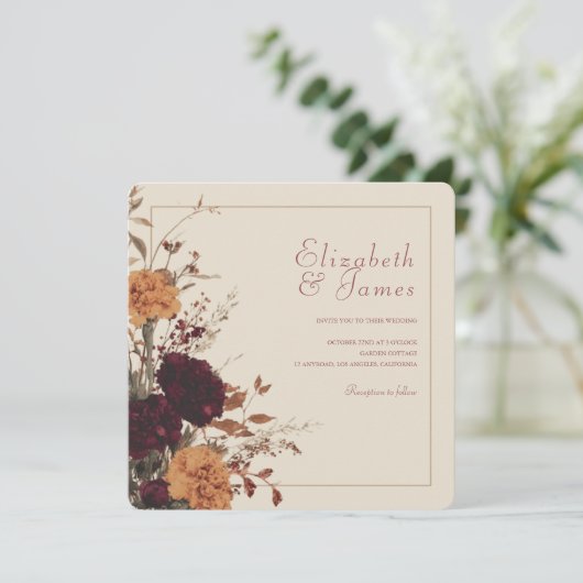 Marigold Rustic Boho Herbstblütenhochzeit Einladung (Stehend Vorderseite)