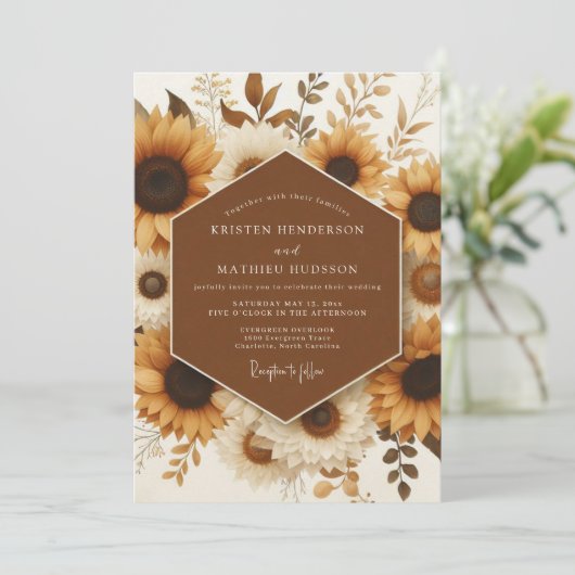 Marigold Rustic Sunflower Wedding Einladung (Stehend Vorderseite)