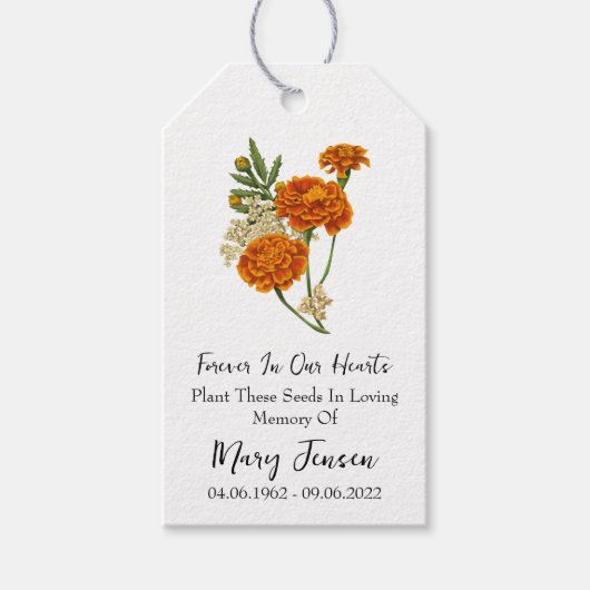 Marigold Seed Packet Memorial Begräbnismarken Geschenkanhänger (Vorderseite)