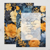 Marigold Yellow, Navy Blue und Slate Gray Wedding Einladung (Vorne/Hinten)