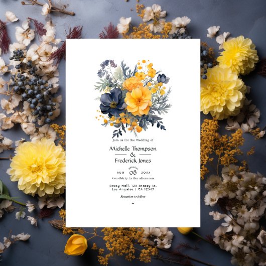 Marigold Yellow, Navy Blue und Slate Gray Wedding Einladung