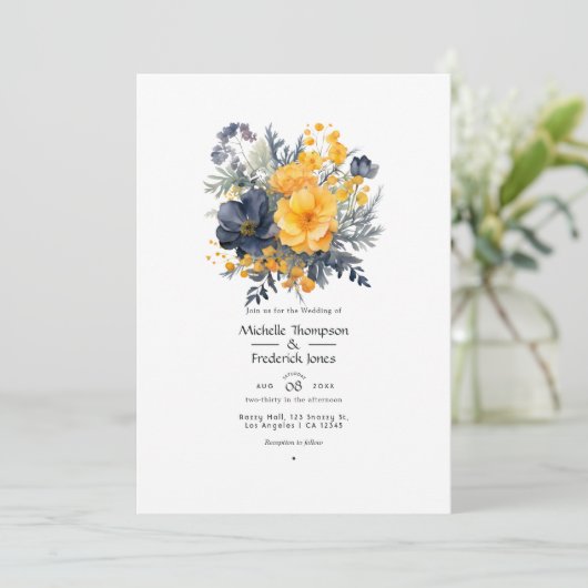Marigold Yellow, Navy Blue und Slate Gray Wedding Einladung (Stehend Vorderseite)