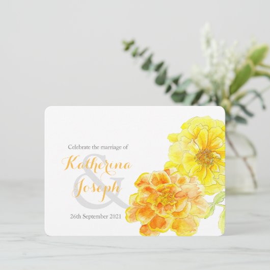 Marigolds Aquarellgelbe Hochzeit einladen Einladung (Stehend Vorderseite)