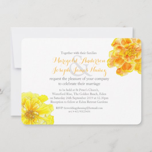 Marigolds Aquarellgelbe Hochzeit einladen Einladung (Rückseite)