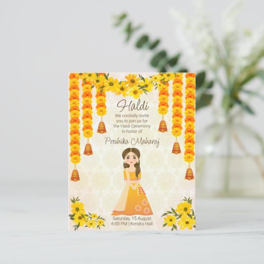 Marigolds niedlich indisches Mädchen Haldi Einladu (Stehend Vorderseite)