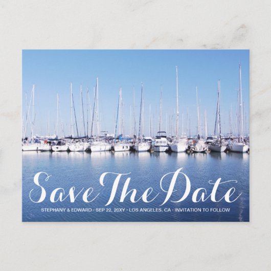 Marina Boats Blue Nautic Save the Date Postcard Postkarte (Vorderseite)