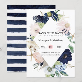 Marina Nautic Blooms Navy Blush Save the Date Einladung