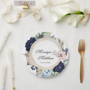 Marina Nautical Bloom Navy Blush Pink Wedding Pappteller