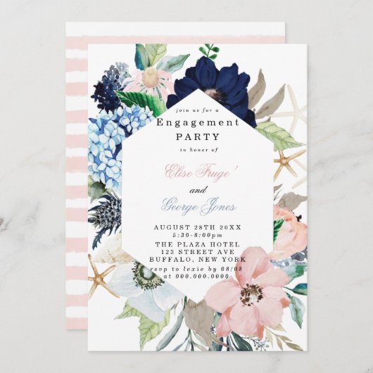 Marina Nautical Blooms Navy Blush Engagement Party Einladung (Vorne/Hinten)