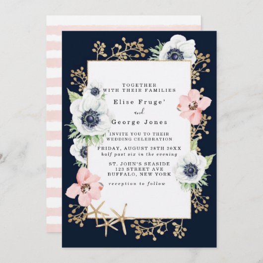 Marina Nautical Blooms Navy Blush Pink Wedding Einladung (Vorne/Hinten)