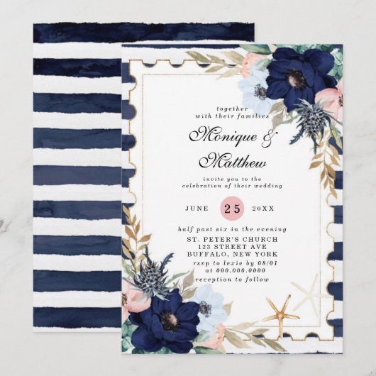 Marina Nautical Blooms Navy Blush Pink Wedding Einladung (Vorne/Hinten)