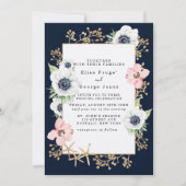Marina Nautical Blooms Navy Blush Wedding Einladung (Vorderseite)