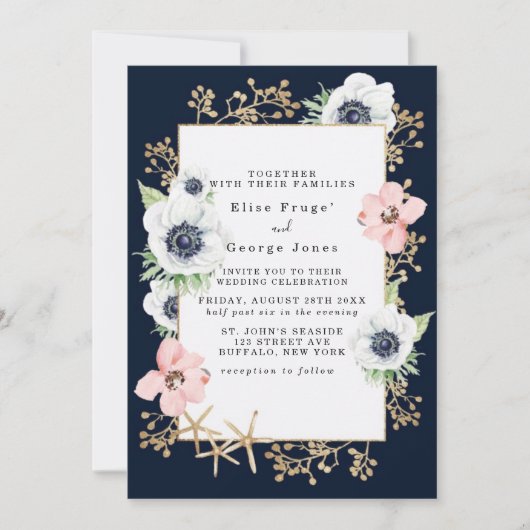 Marina Nautical Blooms Navy Blush Wedding Einladung (Vorderseite)