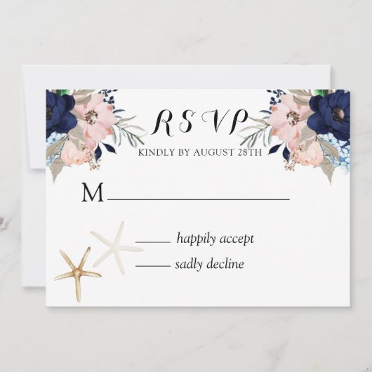 Marina Nautical Blooms Navy Blush Wedding RSVP Einladung (Vorderseite)