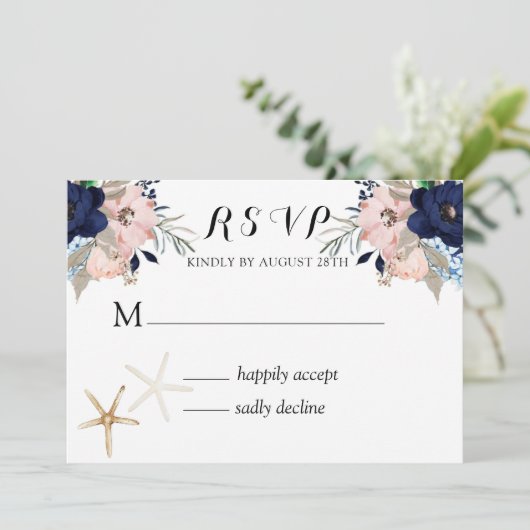 Marina Nautical Blooms Navy Blush Wedding RSVP Einladung (Stehend Vorderseite)