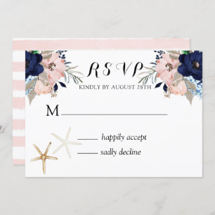 Marina Nautical Blooms Navy Blush Wedding RSVP in Einladung
