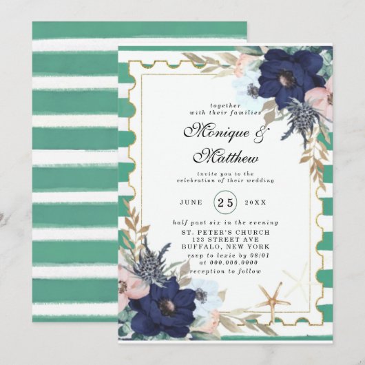 Marina Nautical Blooms Navy Pink Green Wedding Einladung (Vorne/Hinten)
