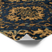 Marinblau Gold Barock Damast Muster Poster (Ecke)