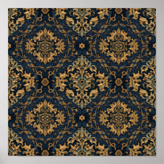 Marinblau Gold Barock Damast Muster Poster