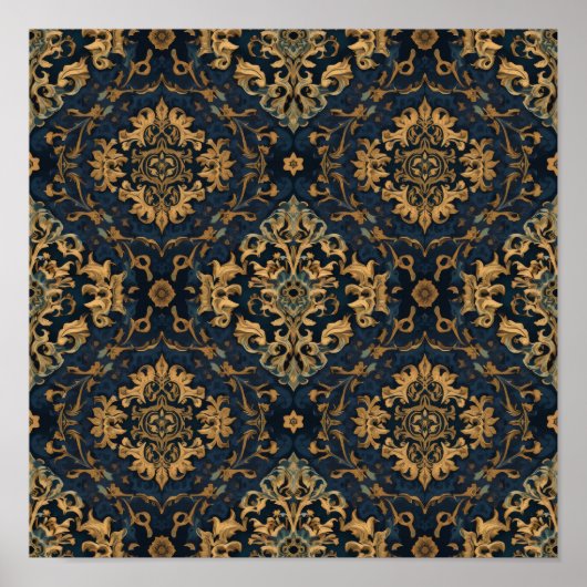 Marinblau Gold Barock Damast Muster Poster (Vorne)