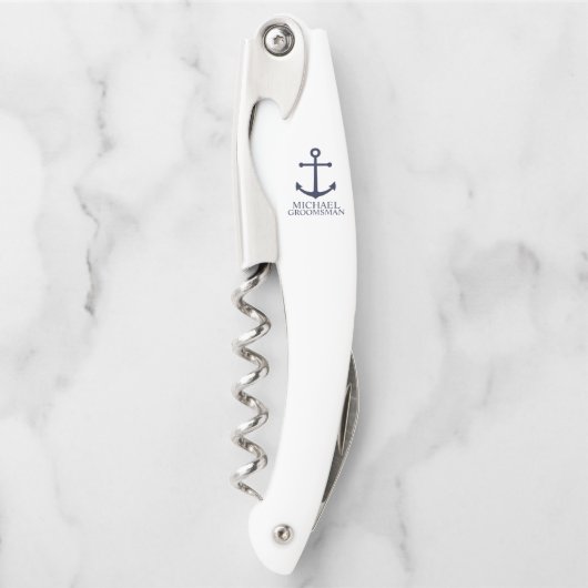Marinblaue Anker-Personalisierung für Trauzeugen Kellnermesser (Vorderseite)