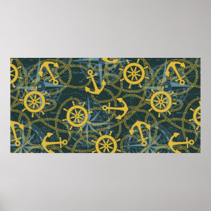 Marine anchor ship rudder and rope with wind rose poster