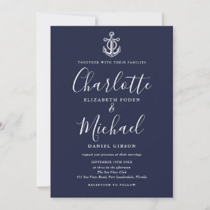 Marine-Anker-Navyblau- und Weiß-Schrift-Hochzeit Einladung