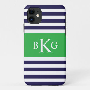 Marine-apfelgrünes Streifen-Monogramm Case-Mate iPhone Hülle