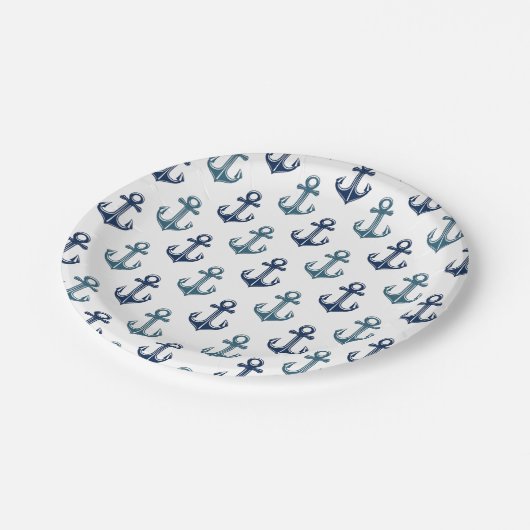 Marine-Blau-Anker-Segeln Zwei-Ton | nautisch Pappteller (Schrägansicht)