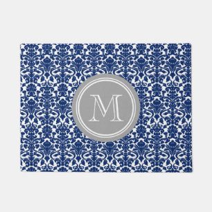 Marine-Blau-Damast-graue Monogramm-Fußmatte Fußmatte
