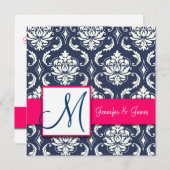 Marine-Blau-Damast-Monogramm-Einladungs-Pink Einladung (Vorne/Hinten)