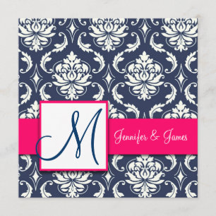 Marine-Blau-Damast-Monogramm-Einladungs-Pink Einladung